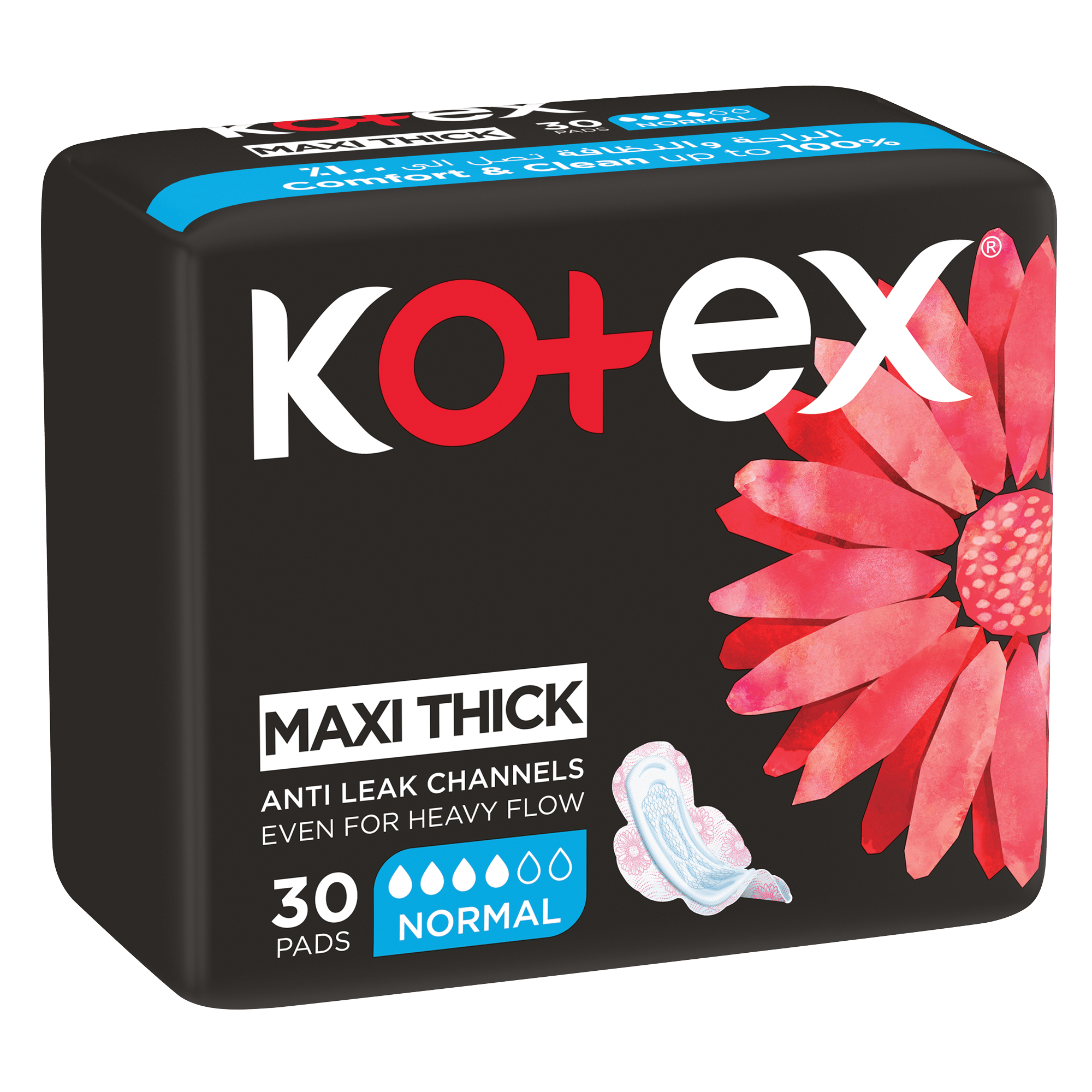 Kotex Maxi Protect Thick Pads, Normal Size Sanitary Pads with Wings, 30 Sanitary Pads