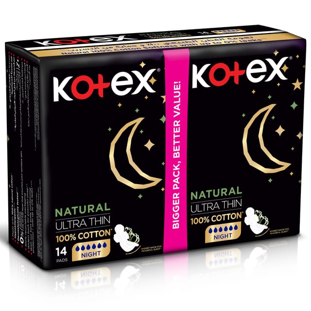 Kotex Natural Ultra Thin Pads, 100% Cotton Pad, Overnight Protection  Sanitary Pads with Wings, 14 Sanitary Pads