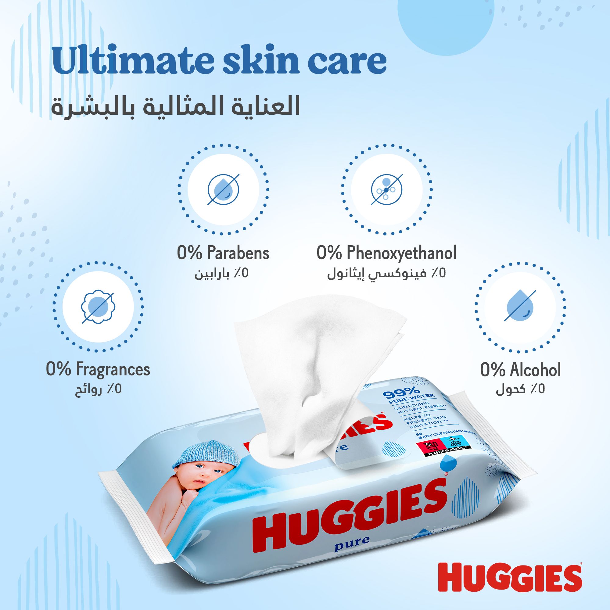 Huggies Pure Baby Wipes, 99% Pure Water Wipes, 3 Pack x 56 Wipes (168 Wipes)