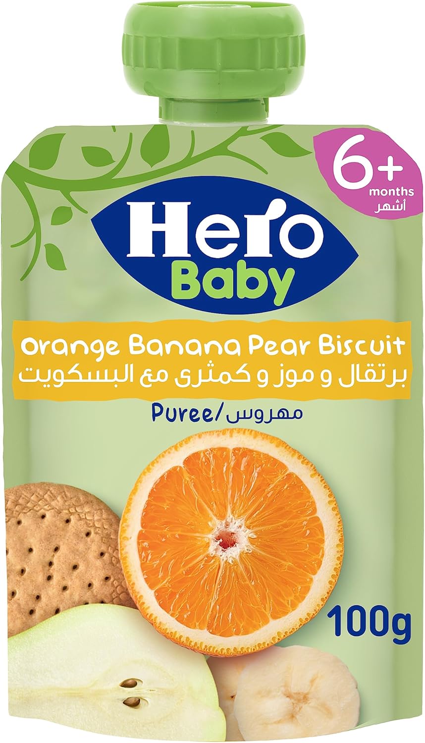 كيس هيرو بيبي، برتقال وموز وكمثرى وبسكويت، 100 جم
