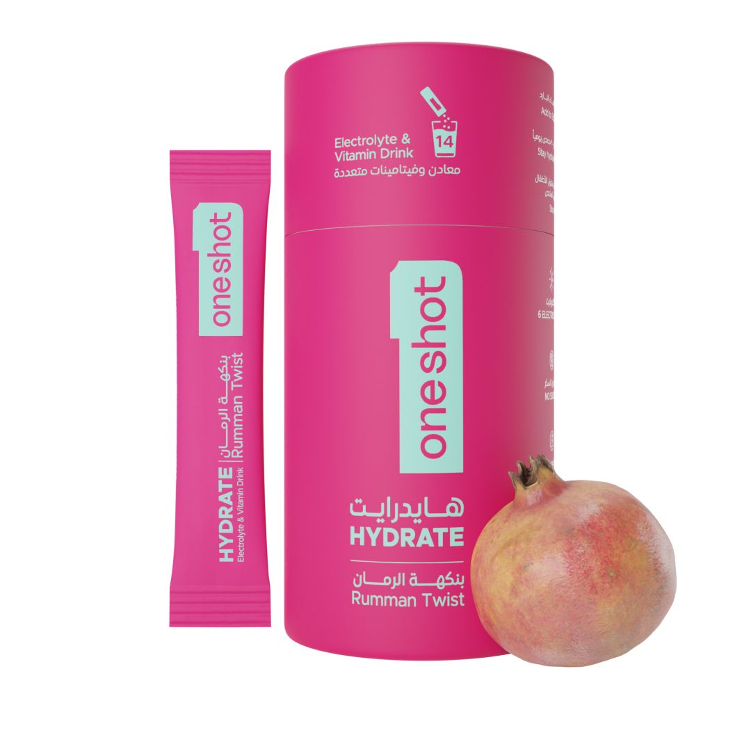 ون شوت ترطيب يومي خالٍ من السكر. معادن وفيتامينات متعددة بنكهة الرمان المنعشة (١٤ ظرف)